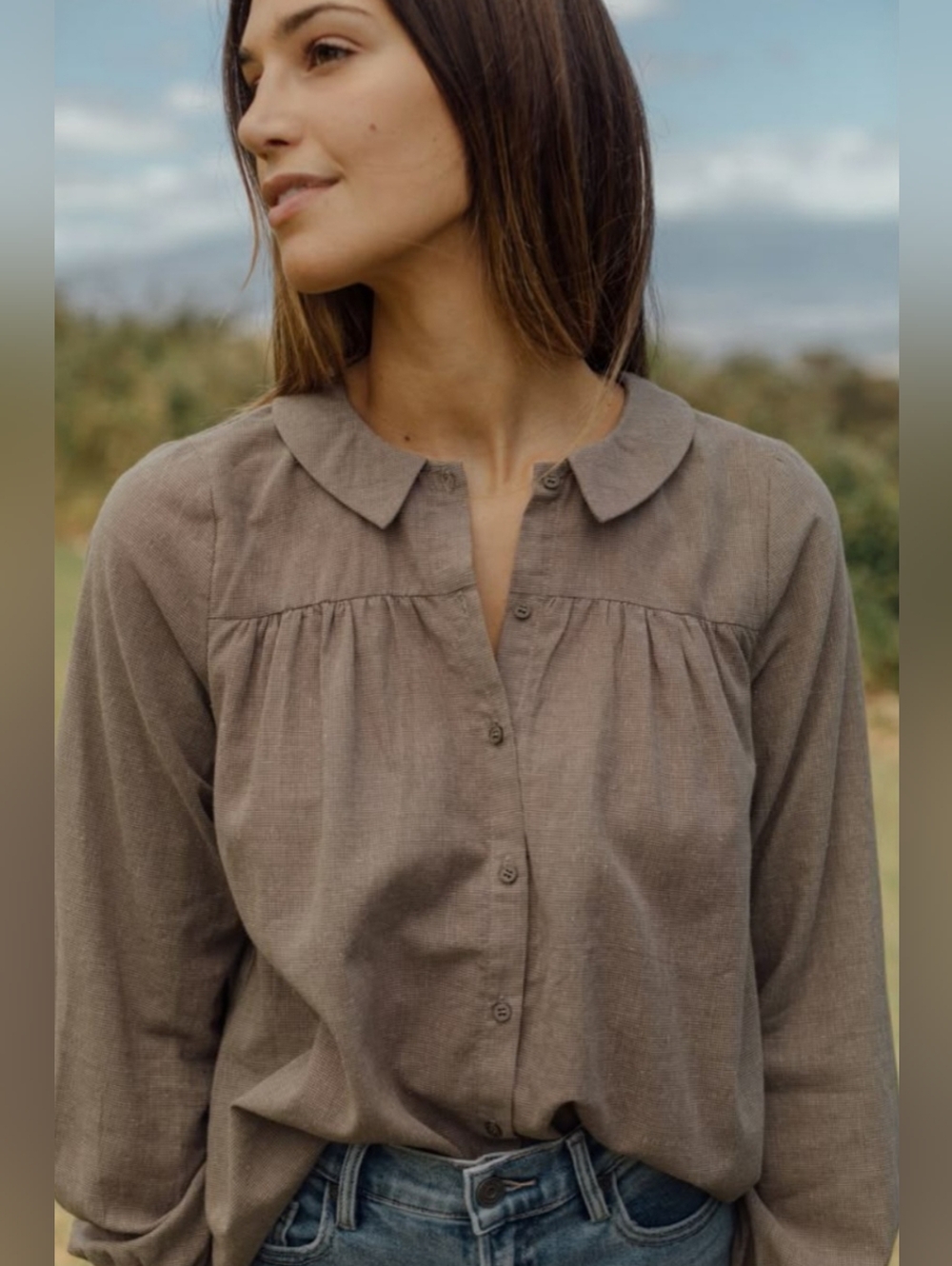 Neuflora Sophia Brown Button-Front Women's Blouse with Peter Pan Collar